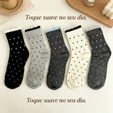 Kit Meia Feminina Poá com Borda de Renda 2/6/12 Pares Algodão Confortável