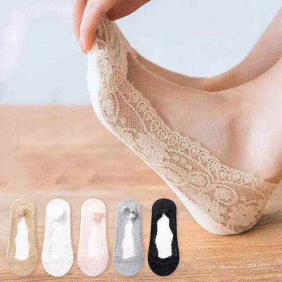 5-10 pares meias invisíveis clássicas femininas renda, respiráveis, antiderrapantes e de cano baixo.