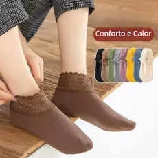 3-8pares Meias Femininas com Renda e Aveludada, Confortáveis e Antideslizantes, Kit com Várias Cores