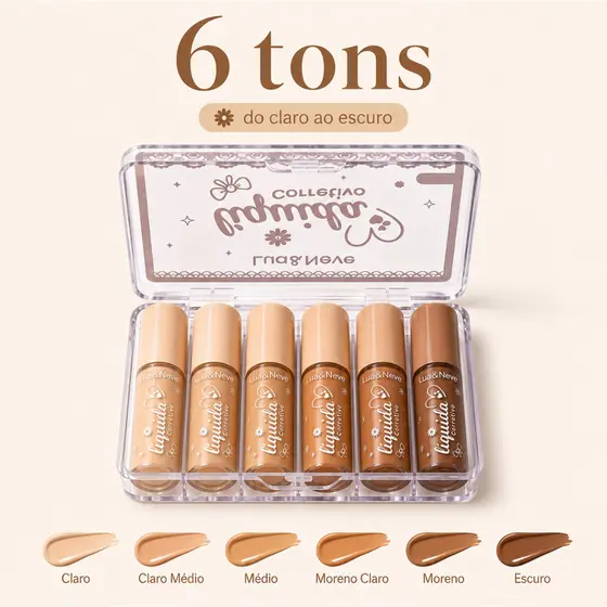 Kit 6 Corretivos Alta Cobertura Olheiras Manchas Resistente Calor Sem Álcool para Pele Sensível Bras
