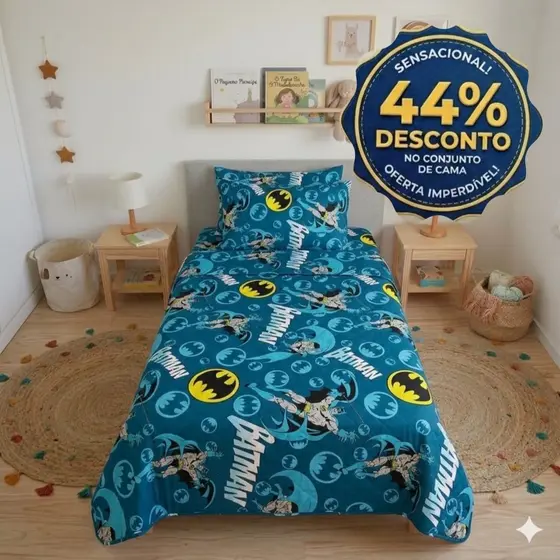 Cobre Leito Solteiro Batman Kit Infantil Estampado Dupla Face