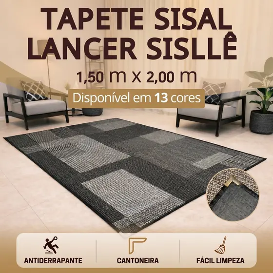 Tapete Sisal 200x150 cm Lancer Sisllê Antiderrapante Cantoneira Aço Cromado Sala Quarto Escritório