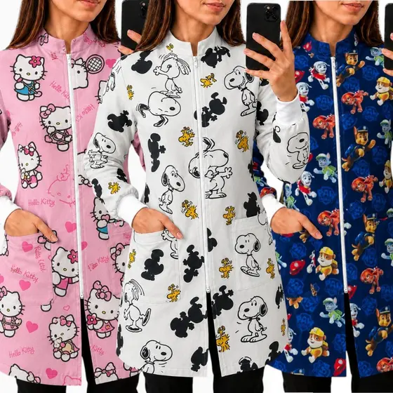 Jaleco Estampado Temático Feminino Oxfordine Gola Padre Zíper Odontopediatria Nutrição Enfermagem Psicologia