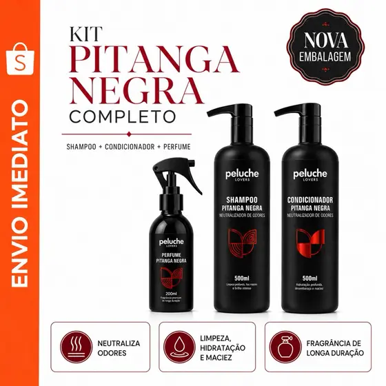 Kit Peluche Premium Shampoo e Condicionador + Perfume Pitanga Negra para Cachorro e Gato