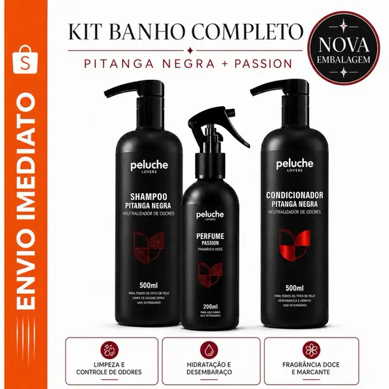 Kit Peluche Premium Shampoo e Condicionador Pitanga Negra + Perfume Passion para Cachorro e Gato