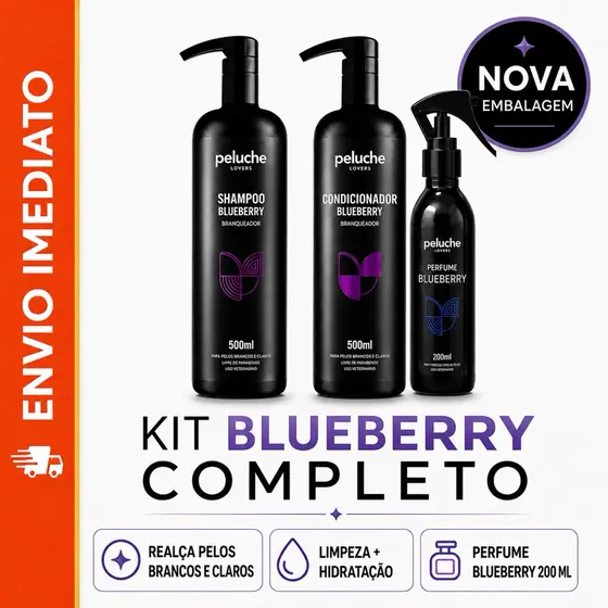 Kit Premium Shampoo e Condicionador + Perfume de Blueberry para Cachorro e Gato