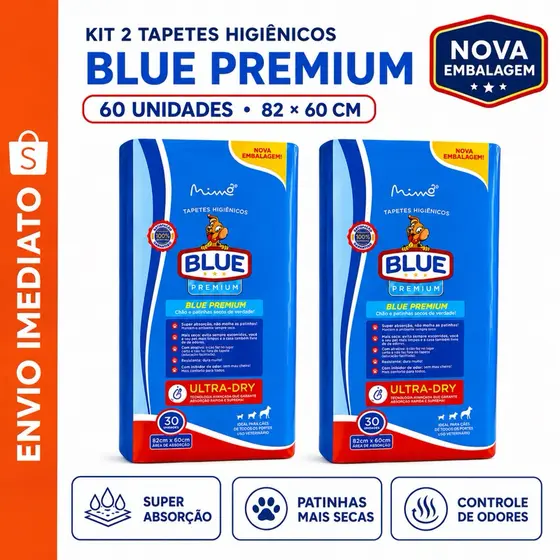 Tapete Higiênico para Cachorro Blue Premium Ultra Absorção 82x60cm Antivazamento Não Solta Cheiro