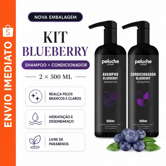 Kit Shampoo + Condicionador Premium Pet Blueberry Branqueador Peluche Lovers para Cachorro e Gato