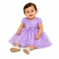 Vestido Infantil Bebê Menina Luxo Renda Tule com Laço Festa Batizado Multicores 0-3 Meses