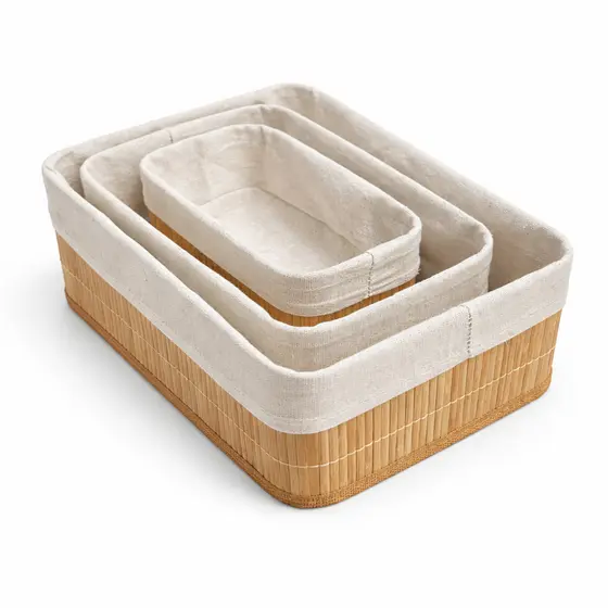 Kit 3 Cestos Organizadores de Bambu com Forro em Linho Removível – Cestos Decorativos Multiuso Pequeno Médio Grande