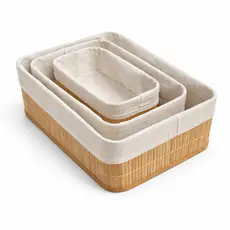 Kit 3 Cestos Organizadores de Bambu com Forro em Linho Removível – Cestos Decorativos Multiuso Pequeno Médio Grande