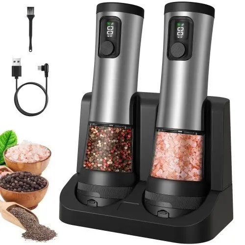 Moedores Elétricos de Sal e Pimenta – 100ml, 2 Velocidades, Base USB, Aço Inox