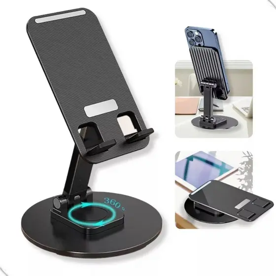 Suporte de Alumínio para Mesa 360º - Base Rotatória Ajustável para Smartphone e Tablet
