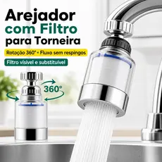 Filtro para Torneira 360° com Arejador Antirrespingo e Cartucho Visível Removível, Rosca 22 mm para Cozinha e Banheiro