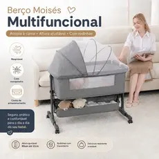 Berco Moises Portatil Acoplavel Cama Compartilhada Bebe Altura Regulavel Mosquiteiro Cesto Rodas Silencioso Cinza Top