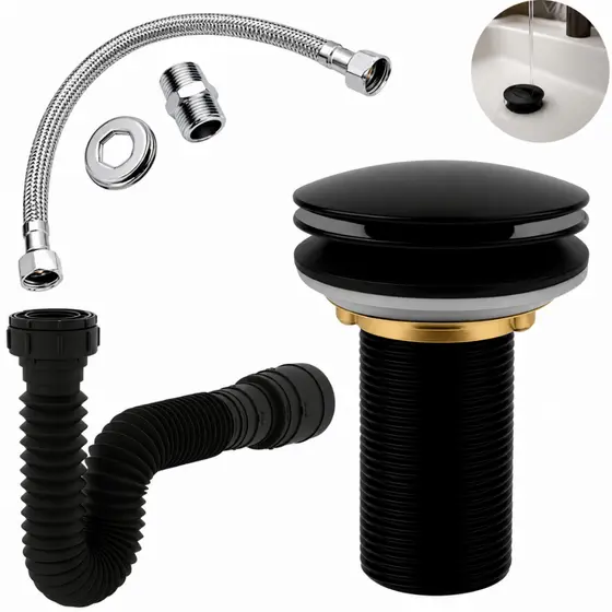 Kit Banheiro Válvula Ralo Click 7/8 Preta Sifão 72cm Engate Rabicho Flexível 40cm