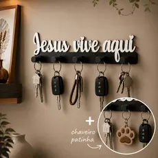 Porta Chaves Parede Decorativo Moderno 5 Ganchos + Chaveiro Patinha Pet Organização Casa Jesus Vive Aqui