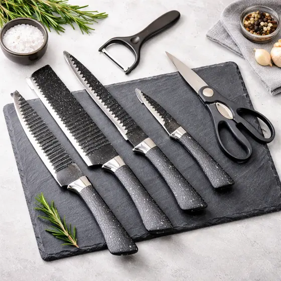 Jogo de Facas 6 Peças Aço Inox Profissional  Cabo Ergonômico Antiderrapante Carne Legumes Peixe Tesoura Antiaderente