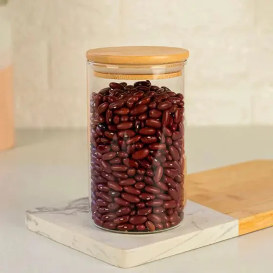 Pote de Vidro com Tampa Bambu Hermético Armazenamento Alimentos Grãos Arroz Feijão Cozinha Resistente
