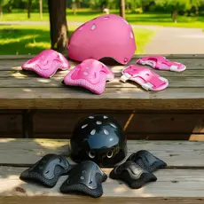 Kit Proteção Infantil Completo 7 Peças + Capacete Preto/Rosa | Segurança Bike Skate Patins moto eletrica Patinete