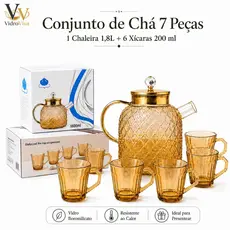 VidroViva Conjunto de Chá 7 Peças – Chaleira de Vidro Âmbar 1,8L com Filtro Inox + 6 Xícaras 200ml, Vai ao Fogo