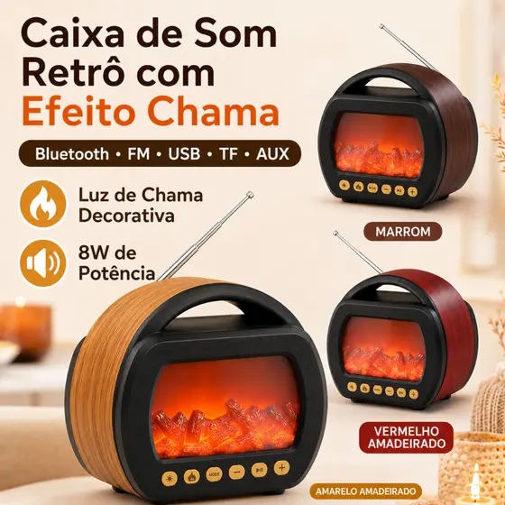 Caixa de Som Bluetooth Retrô 8W com Efeito Chama, Rádio FM, USB, TF, AUX, Type-C e Bateria Recarregável