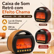 Caixa de Som Bluetooth Retrô 8W com Efeito Chama, Rádio FM, USB, TF, AUX, Type-C e Bateria Recarregável