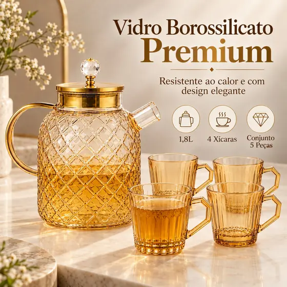 Jogo de Chá 5 Peças Chaleira de Vidro Borossilicato 1,8L com 4 Xícaras Âmbar