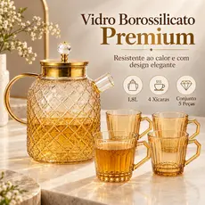 Jogo de Chá 5 Peças Chaleira de Vidro Borossilicato 1,8L com 4 Xícaras Âmbar