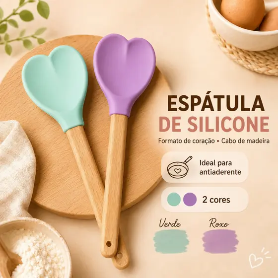 Espátula Coração de Silicone com Cabo de Madeira | Utensílio para Cozinha Antiaderente, Resistente e Fácil de Limpar