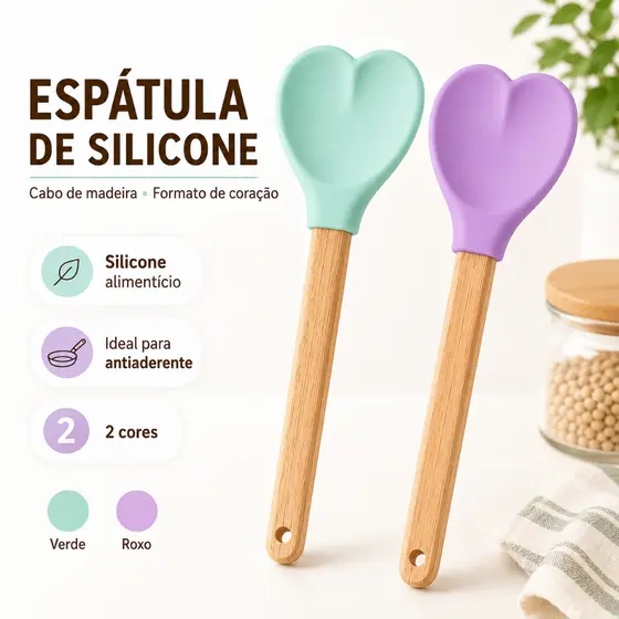 Espátula de Silicone Coração com Cabo de Madeira para Cozinha | Utensílio Antiaderente Prático e Fácil de Limpar