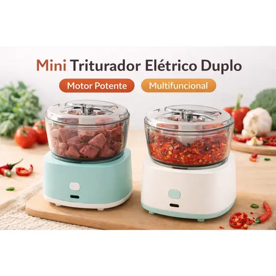 Mini Triturador Elétrico Duplo USB Recarregável Processador Multifuncional para Carne Alho e Legumes