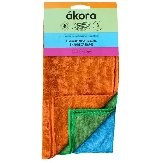 Kit 3 Panos Mágicos Uso Geral Ákora Microfibra Multiuso Limpeza Sem Fiapos