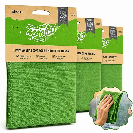 Kit 3 Panos Mágico Limpa Vidros e Espelhos Ákora 40x40cm Microfibra Sem Manchas e Sem Fiapos