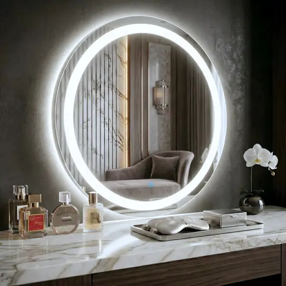 Espelho Redondo 80x80 Led De Parede 3 Cores Moldura Jateado