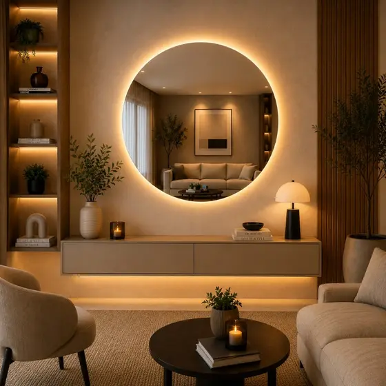 Espelho Redondo 80x80 Led De Parede 3 Cores Moldura Eclipse
