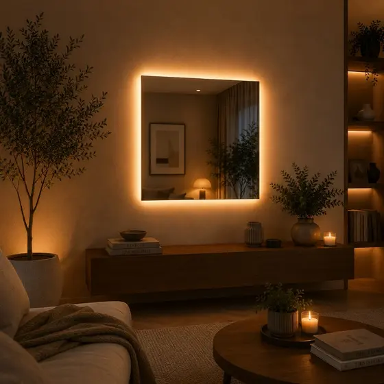 Espelho Quadrado com Led Luxo 50x50cm Touch 3 Cores Dimerizado 3mm Elegante Eclipse