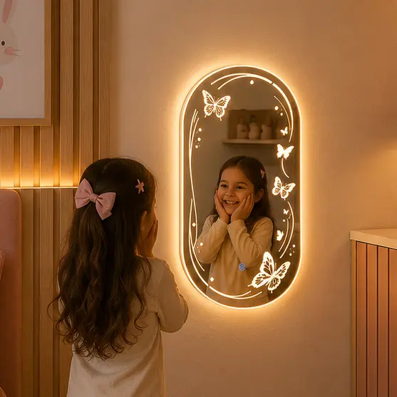 Espelho Alice Jateado Borboleta Oval 60 X 40 cm com Led Touch Dimmer 3 Cores De Parede - LuminaGlass