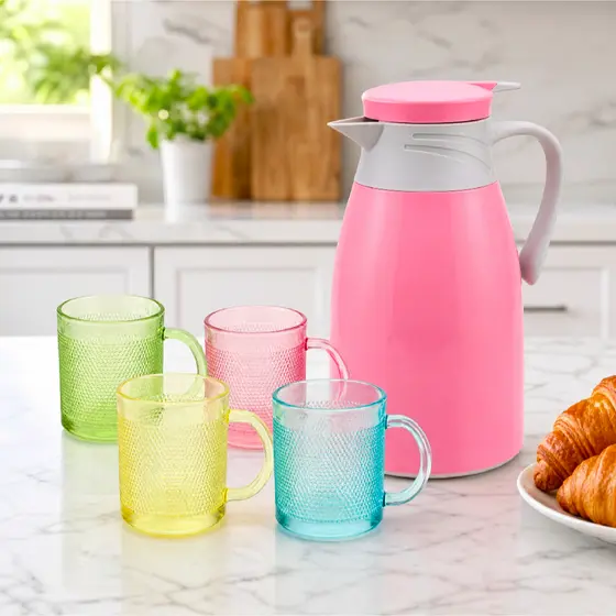 Conjunto Garrafa Térmica 1L e 4 Canecas Vidros 190ml - Rosa.