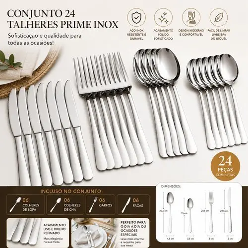 Jogo Talheres Aco Inoxidavel 24 Pecas Completo Elegante Resistente