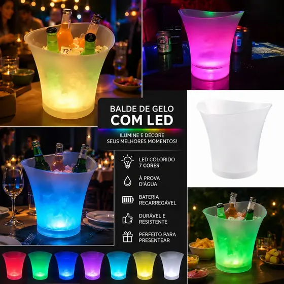 Balde Para Bebidas com LED e Caixa de Som - Branca