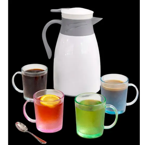 Garrafa Térmica Jarra 1L C/4 Canecas de Vidro Café Chá  Quentes e Frias Ampola de Vidro - Cores.