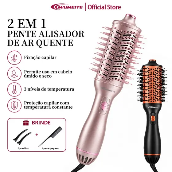 MAIMEITE Escova Secadora Profissional Bivolt 3 em 1 Alisadora Modeladora Anti Frizz