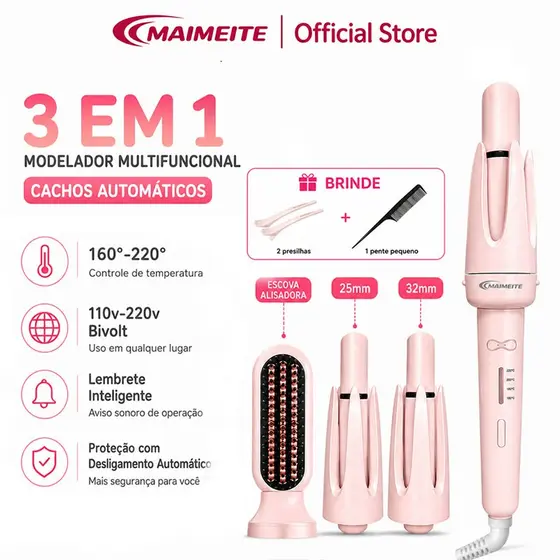 MAIMEITE multifuncional Modelador De Cachos 3 em 1 Automático 25mm/32mm + Pente Alisador 110v-220v Bivolt