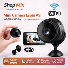 Mini Câmera Segurança Wi-Fi HD 1080p Visão Noturna Monitoramento Residencial A9 Wi-Fi FullHD 90° com Suporte de Parede