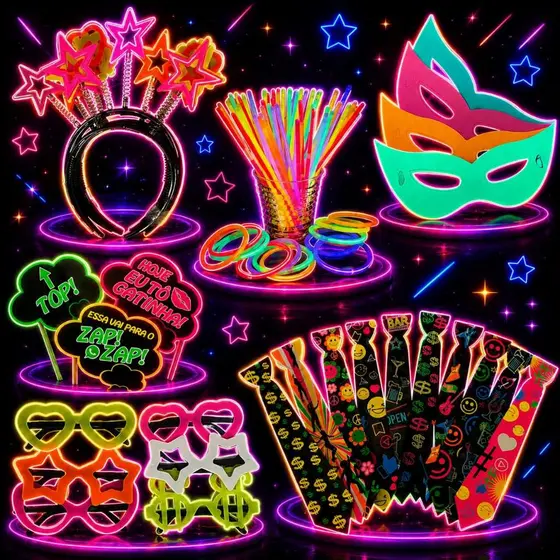 Kit Balada 170 peças Festa Neon Pulseira Oculos Mascara Tiara Plaquinha Gravata