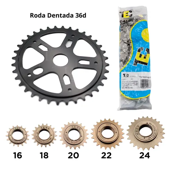 Kit Relação Bike Marcha Simples Coroa Roda Dentada 36d + Catraca Roda Livre 16 18 20 22 24d + Corrente 114 Elos