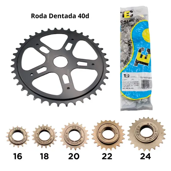 Kit Relação Bike Marcha Simples Coroa Roda Dentada 40d + Catraca Roda Livre 16 18 20 22 24d + Corrente 114 Elos
