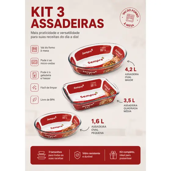 Kit 2 Assadeiras de Vidro Seletta Marinex -  3,5  LITROS +1,6 LITROS | Travessa de Vidro Resistente