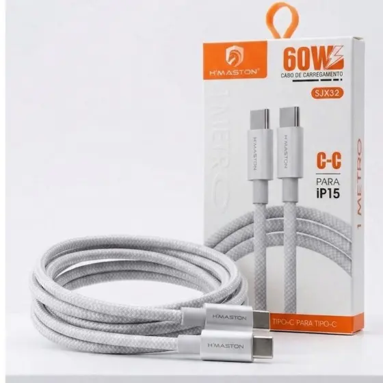 Cabo USB-C para USB-C 60W H’Maston SJX32 Turbo Tipo-C Reforçado iPhone 15 Android